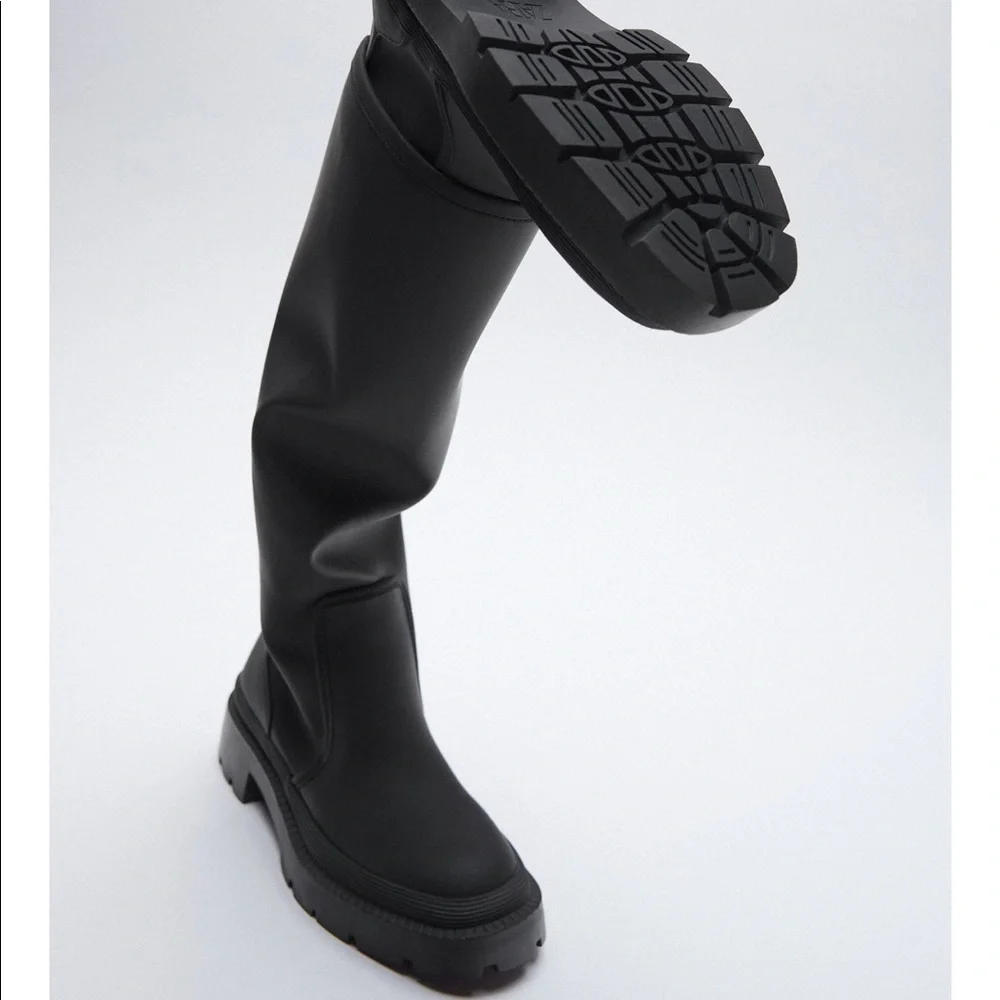 Zara Tall Black Leather Winter Rain Boots